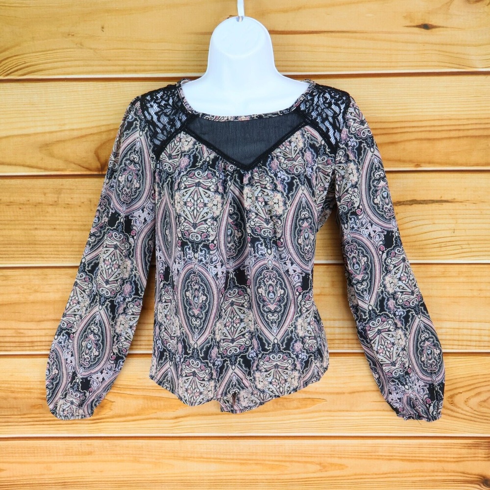 Xhilaration Blouse Womens S Multicolor Paisley Balloon Sleeves Mesh Lace Accents